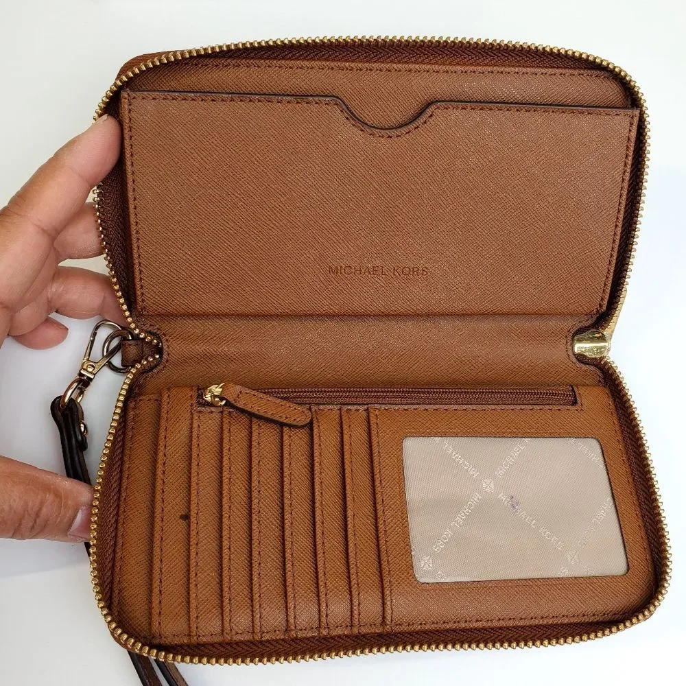 MICHAEL KORS Brown Saffiano Leather Zip-Around Wristlet Wallet
